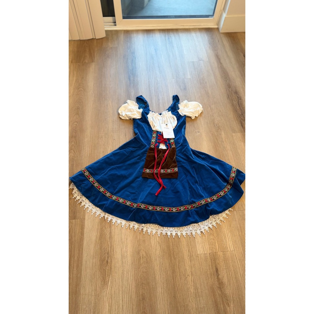 YTWS Blue Velvet Oktoberfest Dirndl Costume Dress Floral Embroidery size M NWT